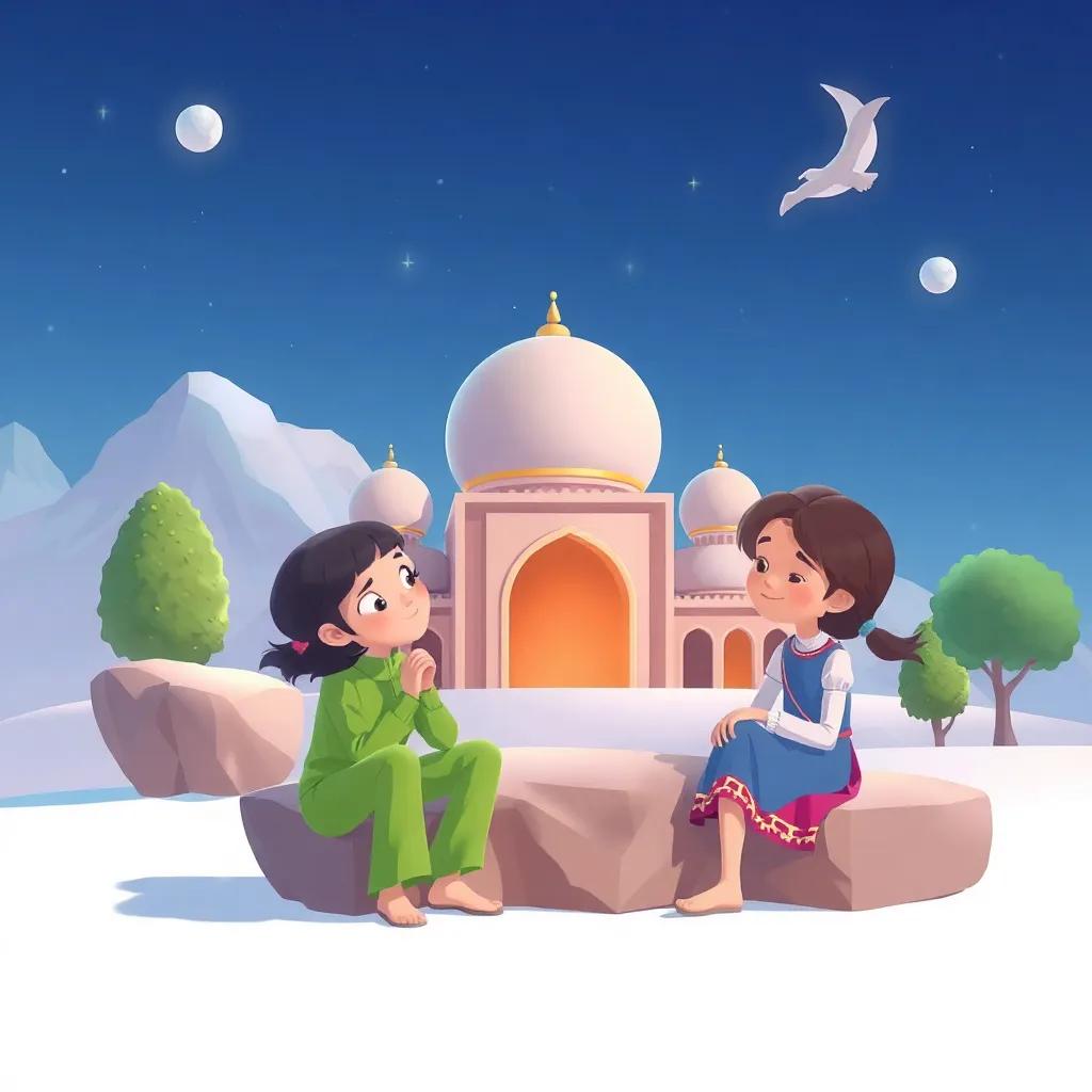 رائد مع أصدقائه، يمشون في الغابة، تظهر الأشجار العالية والطيور الملونة في السماء، ضوء الشمس يشرق، أصدقاء مبتسمون، جو سحري، تصوير تفصيلي، ألوان دافئة