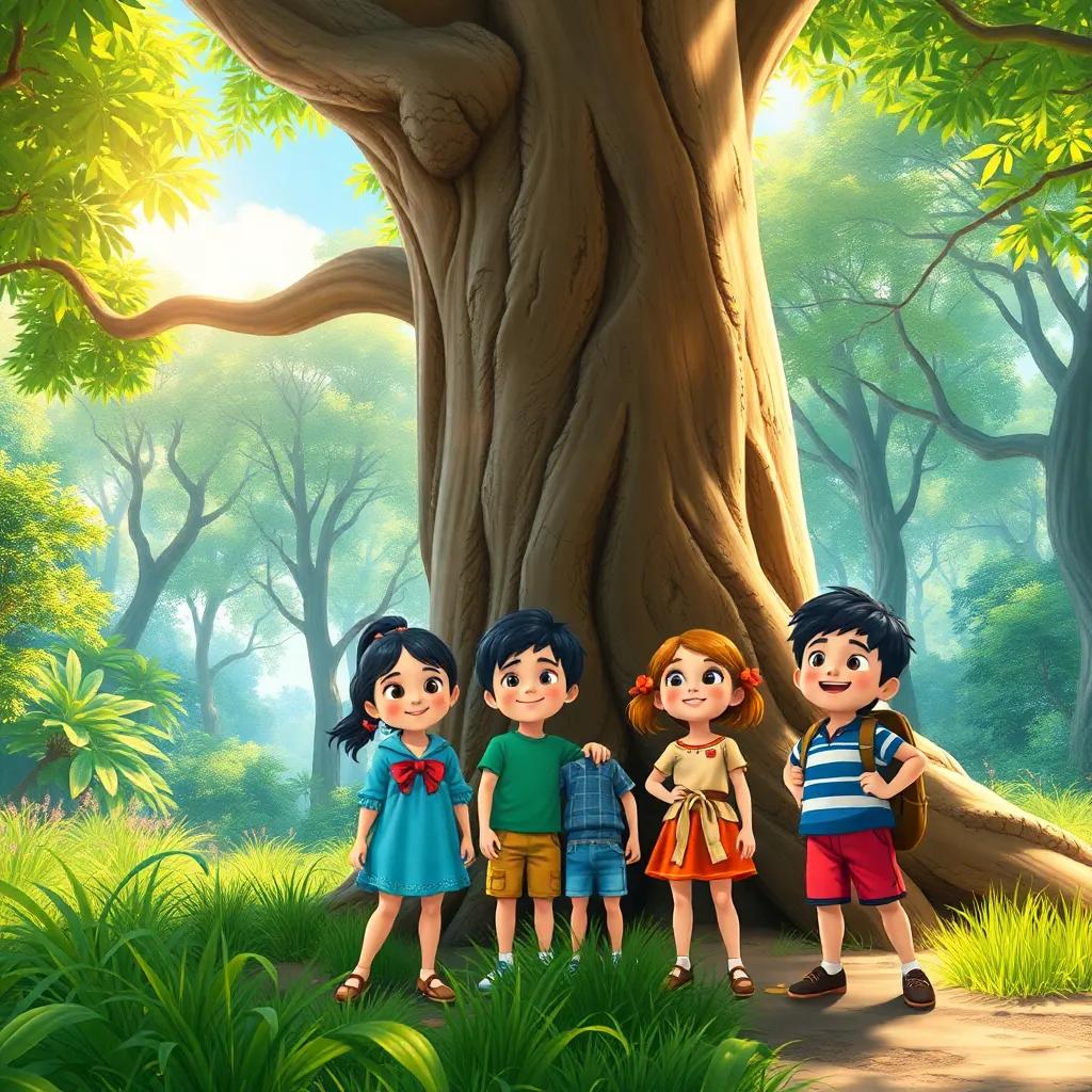 A bright sunny day in a lush green forest, four children (a girl named Sara, a boy named Amr, a girl named Layla, and a boy named Ahmed) gathering excitedly by a giant tree, looking adventurous, digital art, vibrant colors, cheerful atmosphere, high quality