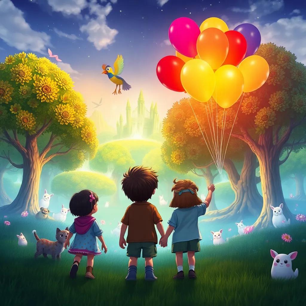 The children entering a magical land filled with glowing trees and playful creatures, a rainbow-colored bird blowing up balloons, captivated expressions, fantasy landscape, bright and colorful, whimsical perspective, high quality