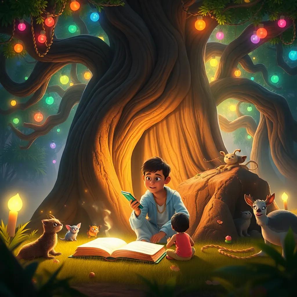 Ahmed discovering an ancient book under a huge tree, surrounded by colorful lights and curious creatures, children intrigued, magical setting, warm light, inviting atmosphere, high quality
