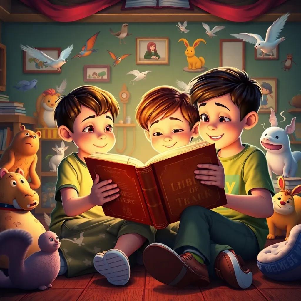 Children reading together from the old book, with illustrations coming to life around them, animated images of creatures, teamwork and education theme, bright colors, dynamic perspective, high quality