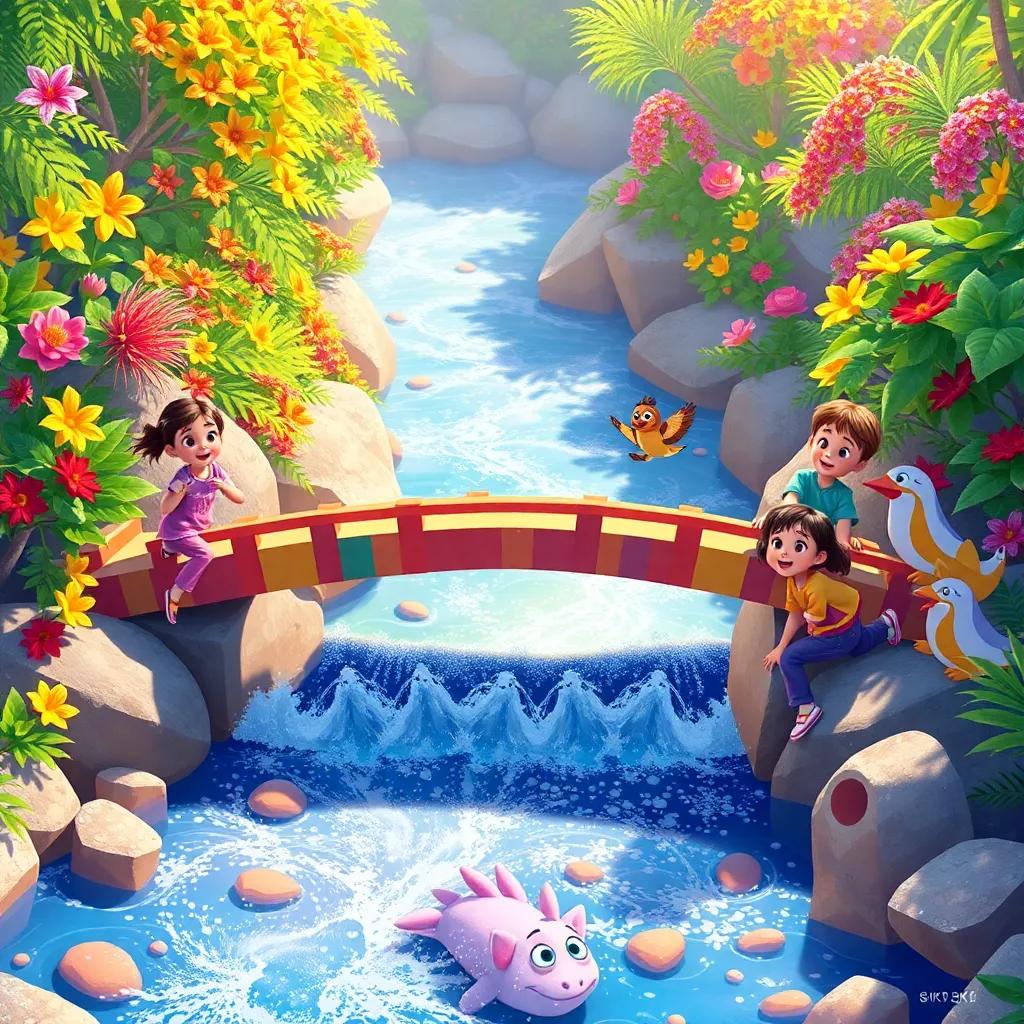 Children building a colorful bridge over a sparkling river, surrounded by vibrant flora and friendly creatures cheering them on, successful teamwork and joy, lively colors, uplifting scene, high quality