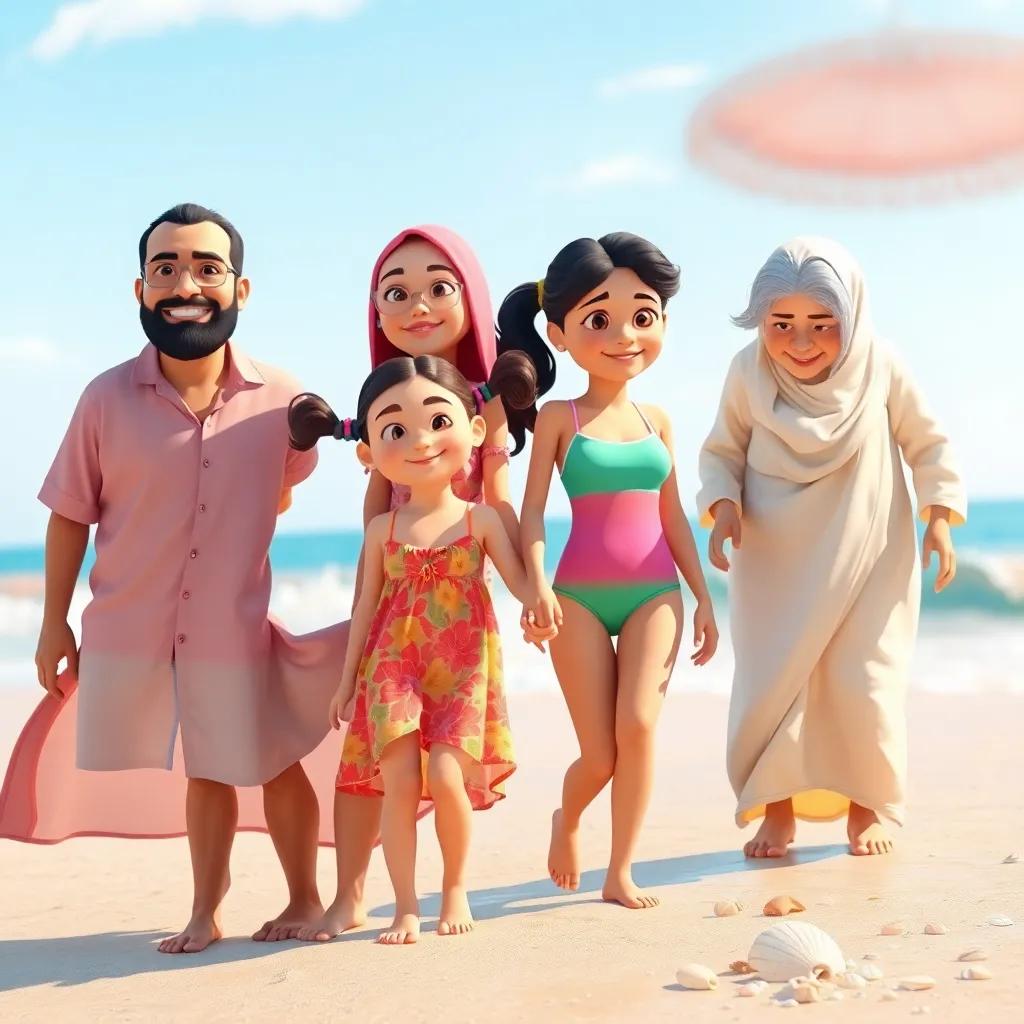 A family of four at the beach, enjoying the sunshine, محمد, a middle-aged Arab man with a light beard, wearing a casual shirt and shorts. بشرى, a young Arab woman with a hijab, wearing a colorful summer dress, holding hands with their daughter أسيل, a young girl with pigtails, wearing a bright swimsuit, while their grandmother رشيدة, an elderly Arab woman with grey hair wearing a light abaya, helps them find seashells, vivid colors, joyful atmosphere, high quality