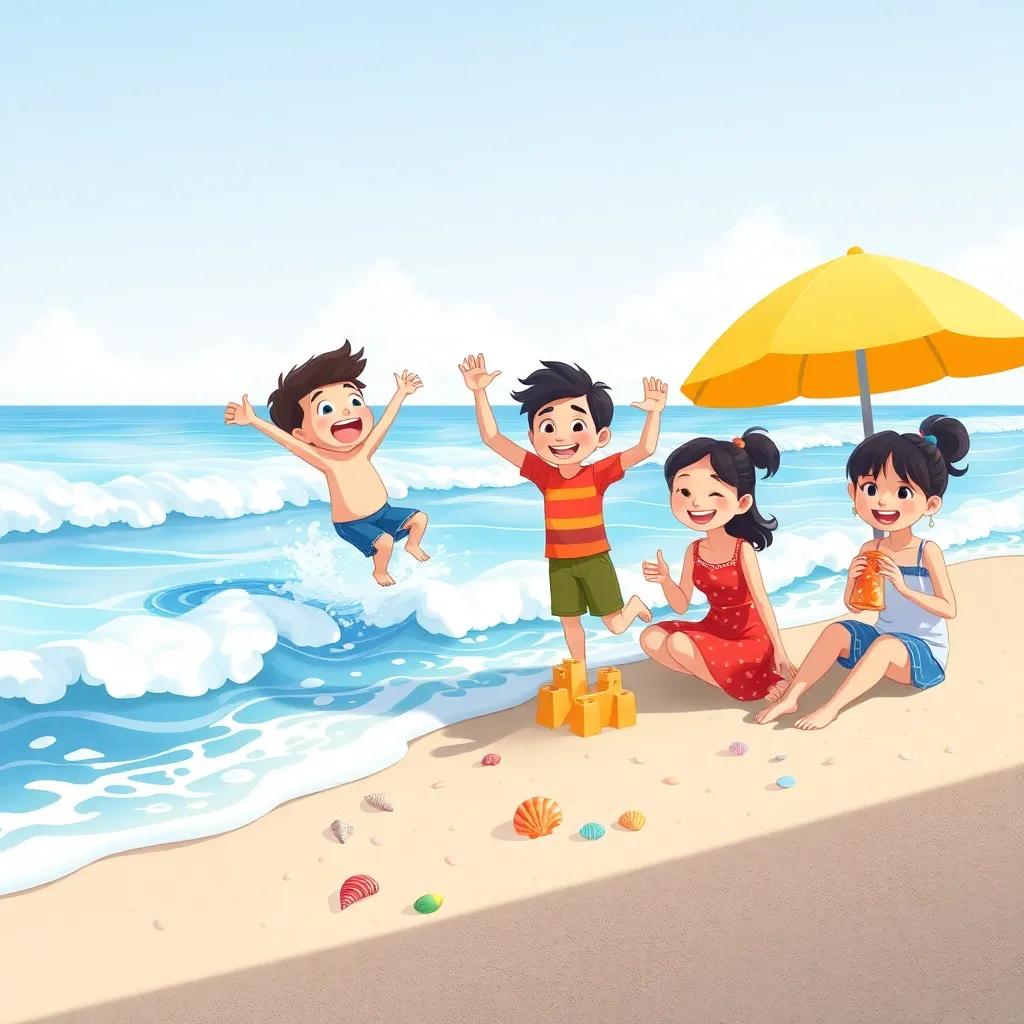 As the family plays by the water, أسيل jumps into the waves with excitement, and محمد builds a sandcastle nearby. بشرى collects colorful seashells along the shore, while رشيدة relaxes under an umbrella, smiling at the fun, illustration, cheerful, serene beach scene, soft light, vibrant colors, natural perspective, imaginative