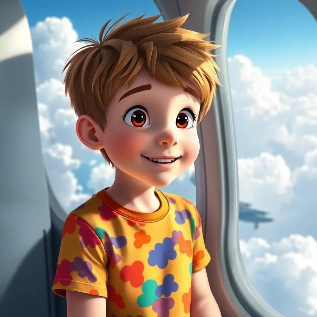 A young boy, Liam, with light brown hair wearing a colorful T-shirt, looking out of an airplane window, surrounded by fluffy white clouds, excited atmosphere, vibrant colors, high quality