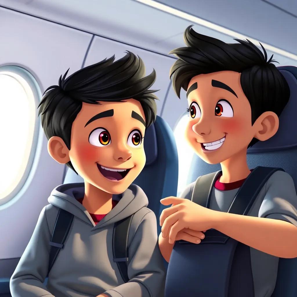 A young boy, Yassine, with black hair and bright eyes, sitting next to Liam on an airplane, excitedly talking, bright airplane interior, cheerful atmosphere, detailed, friendly