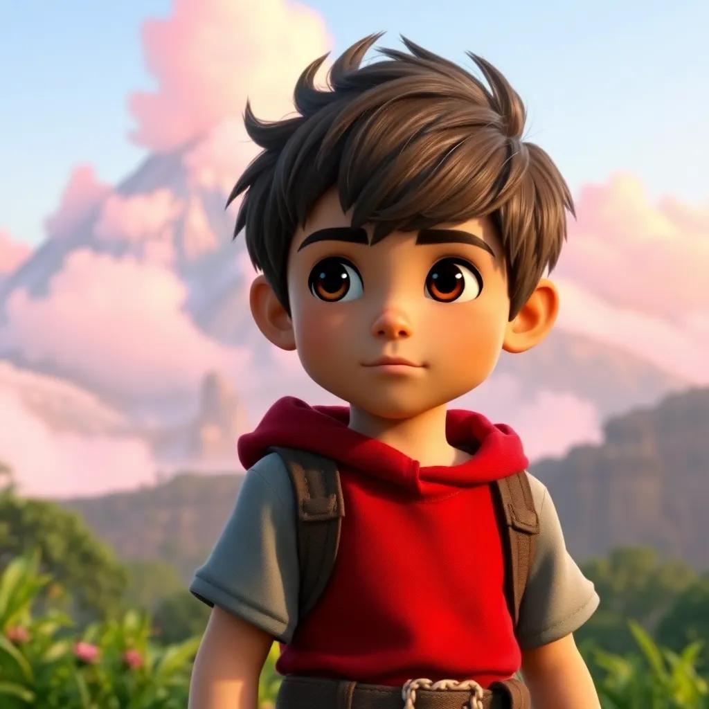 A brave boy named Adam, looking determined, standing in front of a distant pink cloud-covered mountain, lush greenery around him, morning light, vibrant colors, high quality, digital art