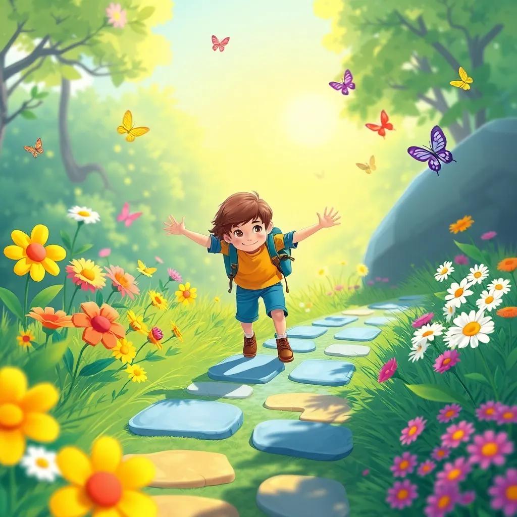 Adam, a brave boy, hiking up a colorful path with blooming flowers and butterflies fluttering around, bright sunshine, cheerful atmosphere, child-friendly illustration
