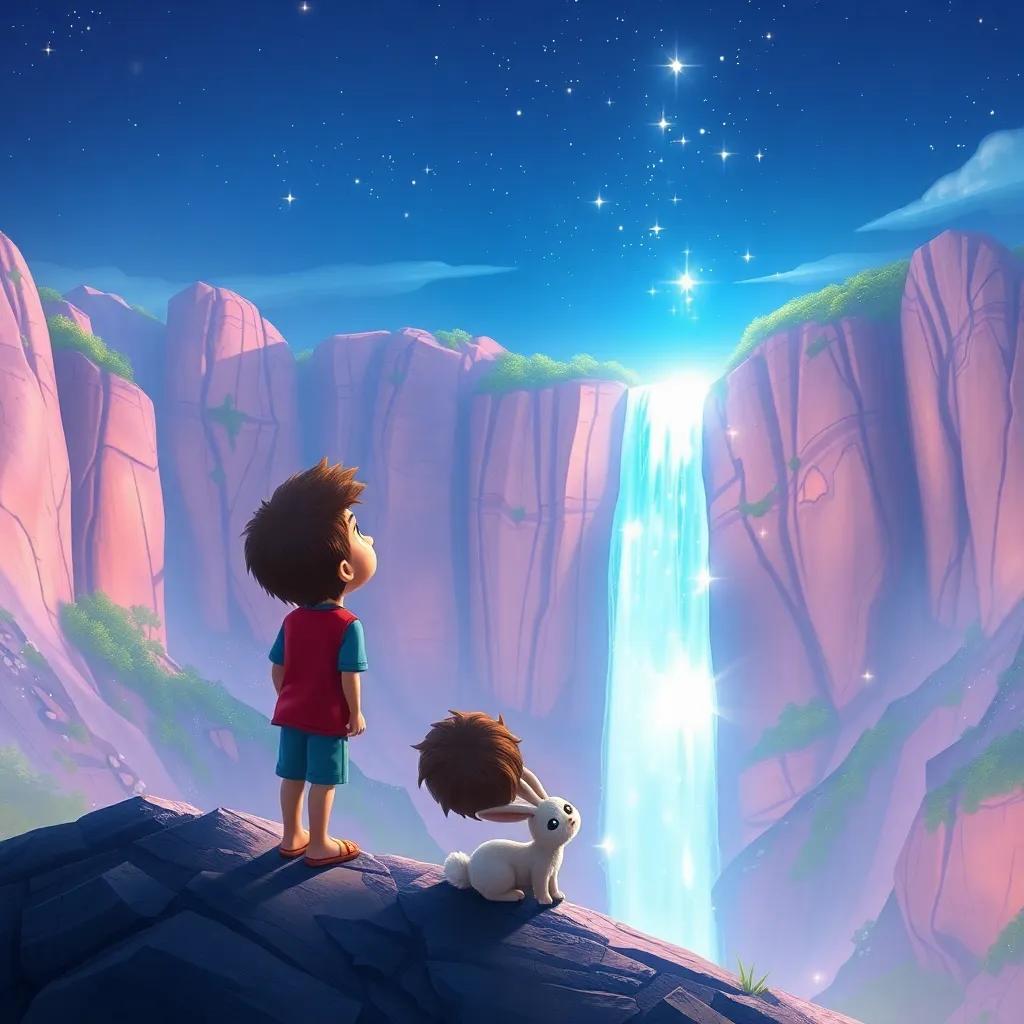At the top of the magical mountain, Adam gazing in awe at a sparkling waterfall that glows like stars, a friendly small creature resembling a rabbit next to him, bright colors, fantasy scene