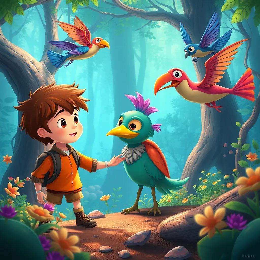 Adam and Fared, the magical creature, together exploring a magical forest with strange talking birds and flying fish, bright colors, whimsical art style, engaging atmosphere