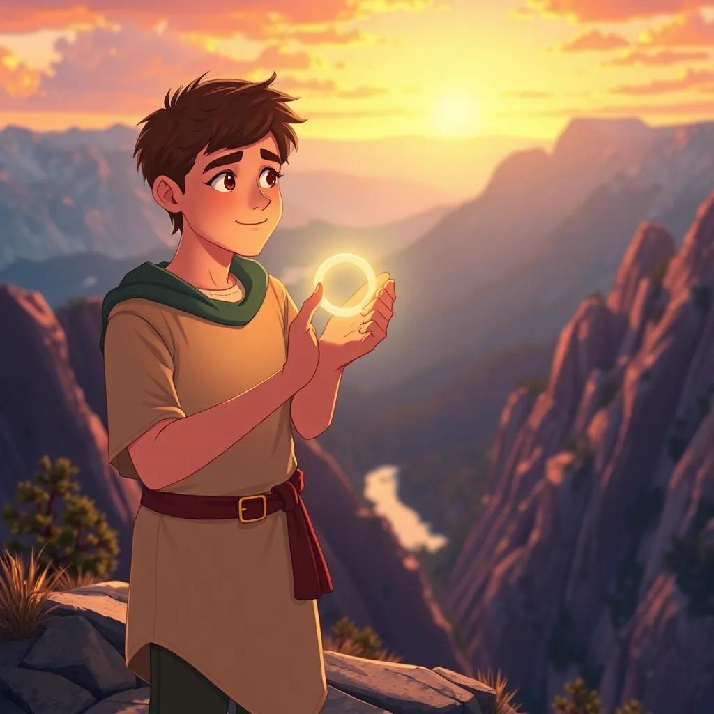 Adam holding a glowing magical ring, standing near the edge of the mountain with beautiful landscapes in the background, warm sunset light, heartwarming scene, detailed illustration