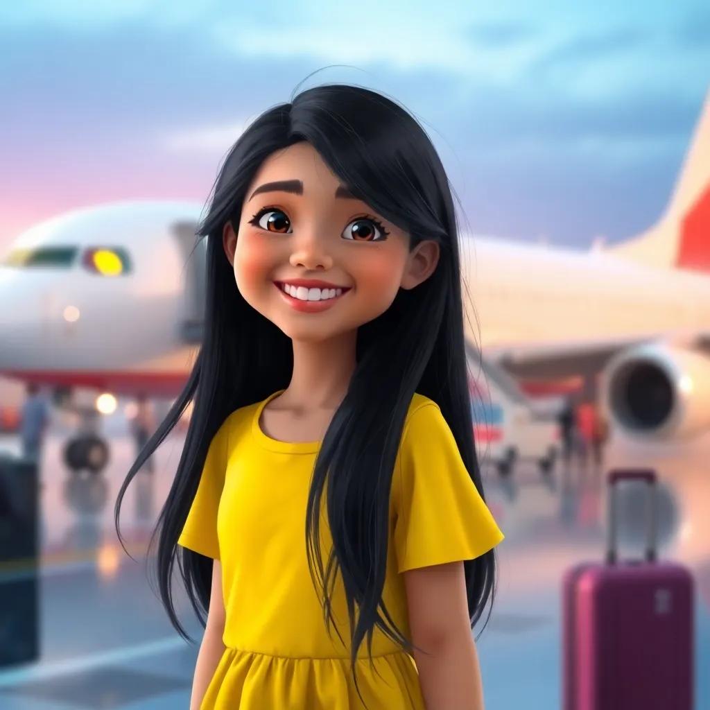 A young girl, Mariam, with long, black hair, wearing a bright yellow dress, smiling happily at the airport, a large white airplane in the background, digital art, vibrant colors, joyful atmosphere, high quality