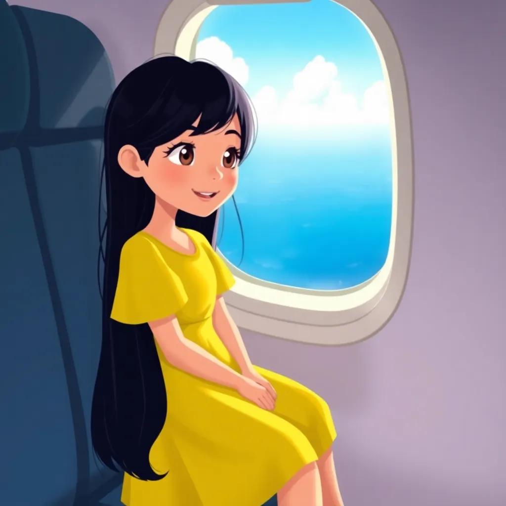 Mariam, a young girl with long black hair in a bright yellow dress, sitting by the window of an airplane, looking excited as she sees the blue sea below, cheerful illustration, bright and sunny, sense of adventure, child-friendly