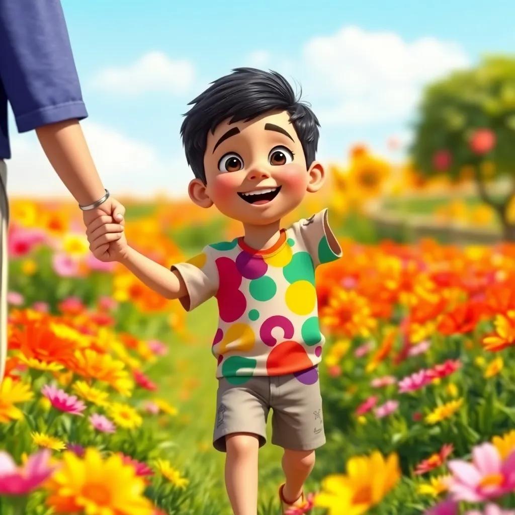 A young Arab boy, Sami, with short black hair, wearing a colorful shirt and shorts, excitedly holding his grandfather's hand in a colorful flower field, bright sunny day, cheerful, vibrant colors, child-friendly illustration, high quality