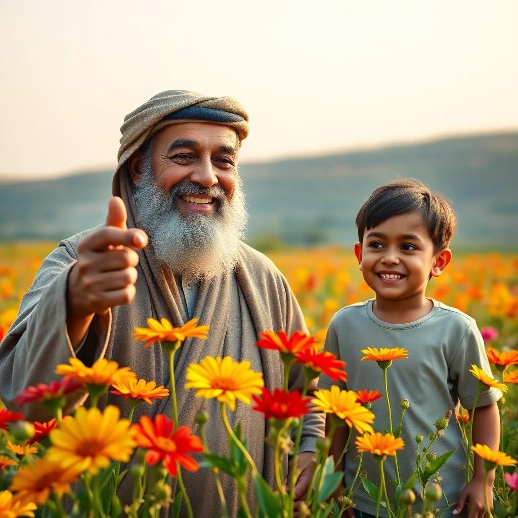 An elderly Arab man, with a gray beard, wearing traditional clothing, smiling and pointing at beautiful colorful flowers in a field with his grandson Sami, surrounded by nature, warm light, uplifting atmosphere, high quality