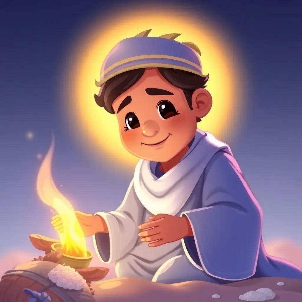 An image of a kind figure resembling Prophet Muhammad helping the poor, with a warm glow around him, showing the essence of kindness and compassion, child-friendly, colorful illustration, high quality