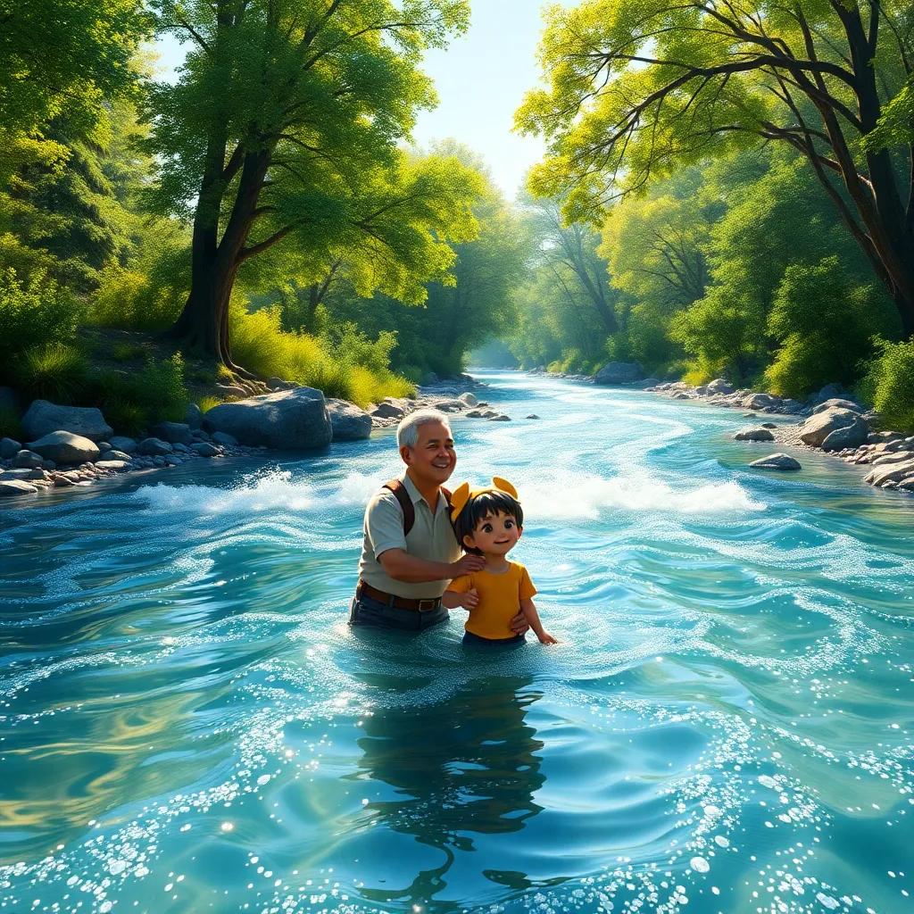 A scenic river flowing beautifully with sparkling clear water, with Sami and his grandfather looking at the river joyfully, warm sunlight filtering through green trees, peaceful and inviting scene, high quality