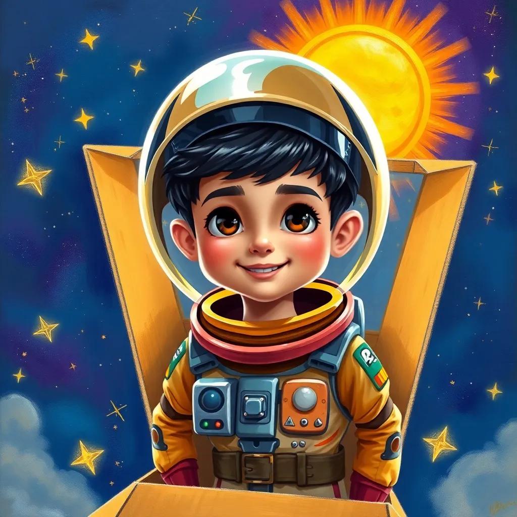 "Ali, an adventurous Arab child, with short black hair, wearing a colorful space suit and a shiny helmet, standing confidently inside a cardboard spaceship, ready for launch, background filled with stars and a glowing sun, digital art, bright and lively, imaginative, high quality"