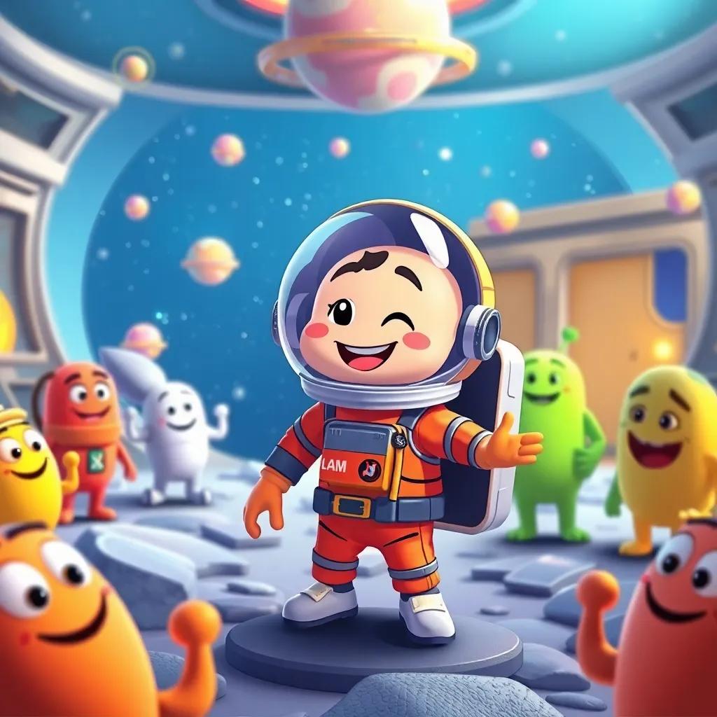 A space training center on the planet of knowledge, with the astronaut named 'Lam', a cheerful Arabic letter character, wearing a bright space suit, energetic and ready for adventure, surrounded by different Arabic letter characters, digital art, colorful, inviting atmosphere, detailed