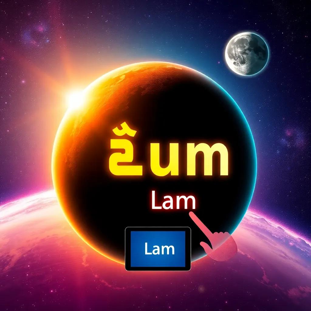 A view of the bright space around the letter planet, showing the solar area with shiny letters (ت، ث، د، ذ، ر) and the lunar area with calm letters (ب، ج، ح، خ، ع), 'Lam' pointing at a digital panel showing the merging of letters, vibrant colors, educational theme, high quality.