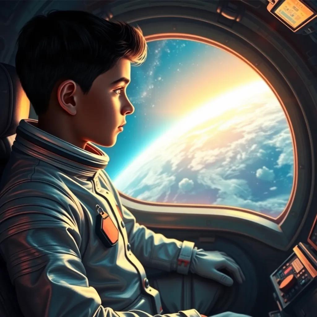 A young Arabic boy, with short black hair, wearing a shiny space suit, sitting in a spaceship cockpit, looking out a window at Earth shrinking in the distance, digital art, vibrant colors, awe-inspiring atmosphere, high quality
