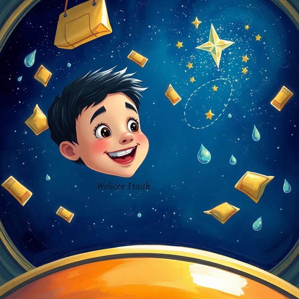 A young Arabic boy, with short black hair, floating inside a spaceship, cheerful and amazed, surrounded by floating food packets and water droplets, looking at the magical starry space outside, illustration, playful and adventurous, child-friendly, high detail