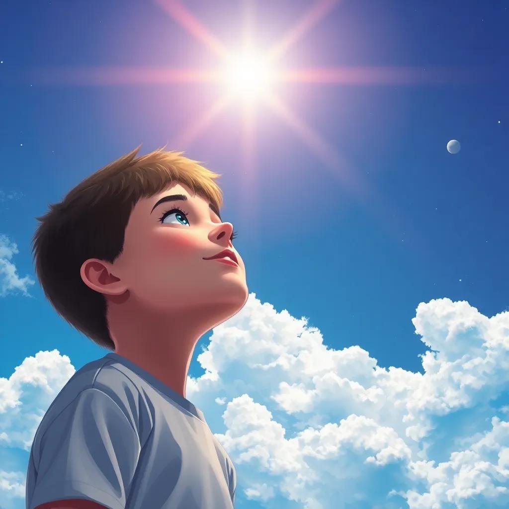 A young boy, Obaid, looking up at a bright blue sky with white fluffy clouds, daydreaming about space, digital illustration, vibrant colors, joyful mood, high quality