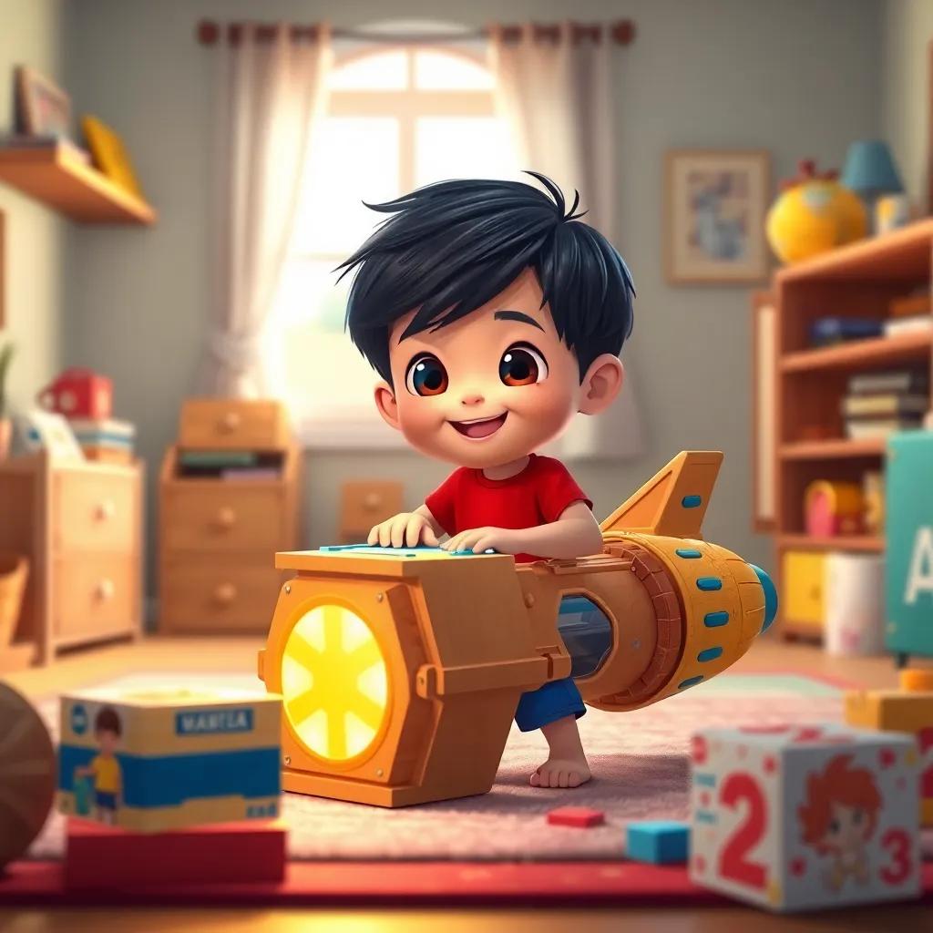 A small boy, Ali, with short black hair, wearing a bright red t-shirt and blue shorts, building a spaceship from toy boxes in his room, cheerful and colorful, warm light, inviting atmosphere, cartoon style, high quality