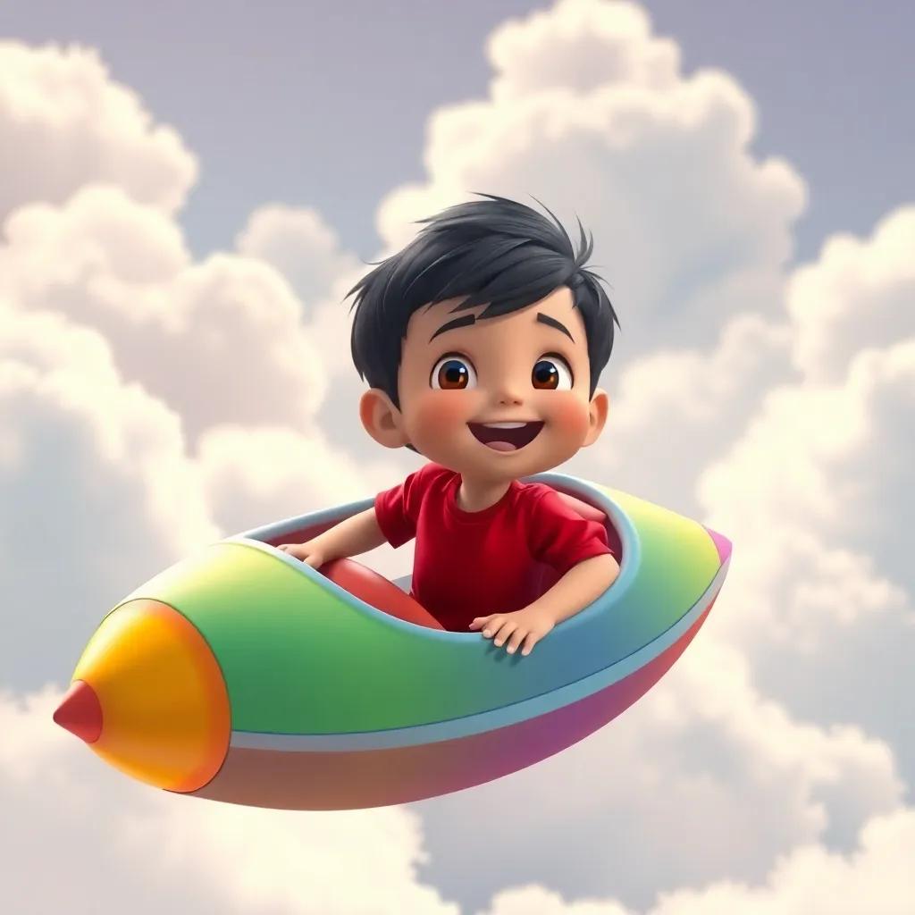 Ali, a small boy with short black hair and a bright red t-shirt, flying in a colorful spaceship, soaring through fluffy white clouds, joyful and adventurous, digital art, soft lighting, high quality