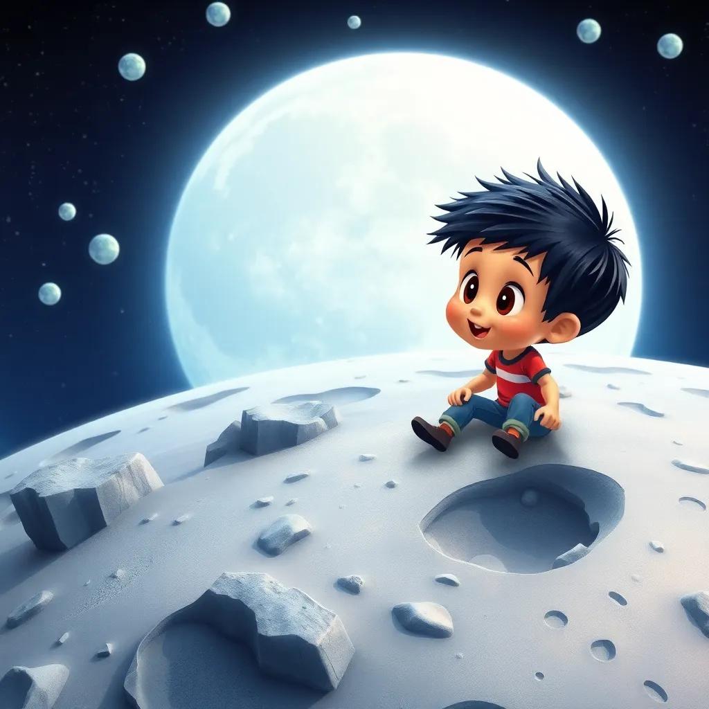 Ali, a small boy with short black hair, landing on the silver surface of the moon, surrounded by rocks and craters, looking amazed, colorful and whimsical, digital art, vivid colors, high quality