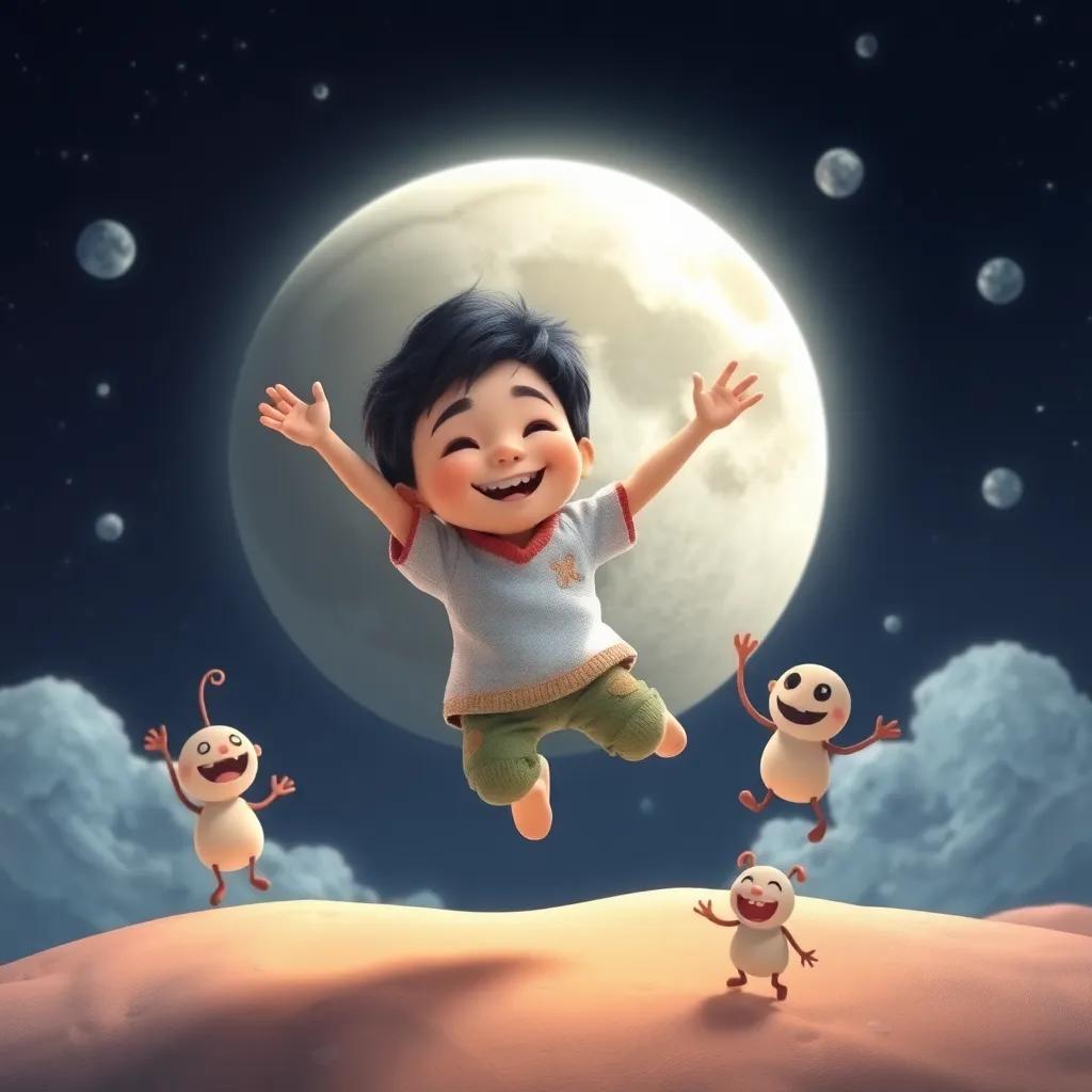 Ali, a small boy with short black hair, jumping in low gravity on the moon, smiling and laughing, with strange little creatures dancing around, bright and merry atmosphere, digital art, fun and imaginative, high quality
