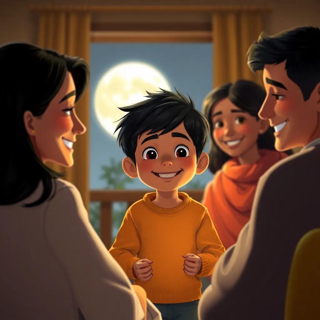 Ali, a small boy with short black hair, returning home with a big smile, sharing his moon adventure stories with his parents, warm family scene, cozy light, storytelling view, digital art, heartfelt and inviting, high quality