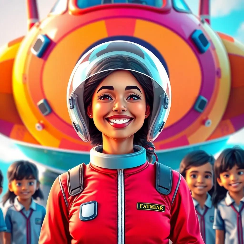 A teacher, Fatima, wearing a space helmet and a bright red space suit, smiling happily, standing in front of a colorful spaceship with excited children in school uniforms around her, daytime setting, joyful atmosphere, digital art, vibrant colors, high quality