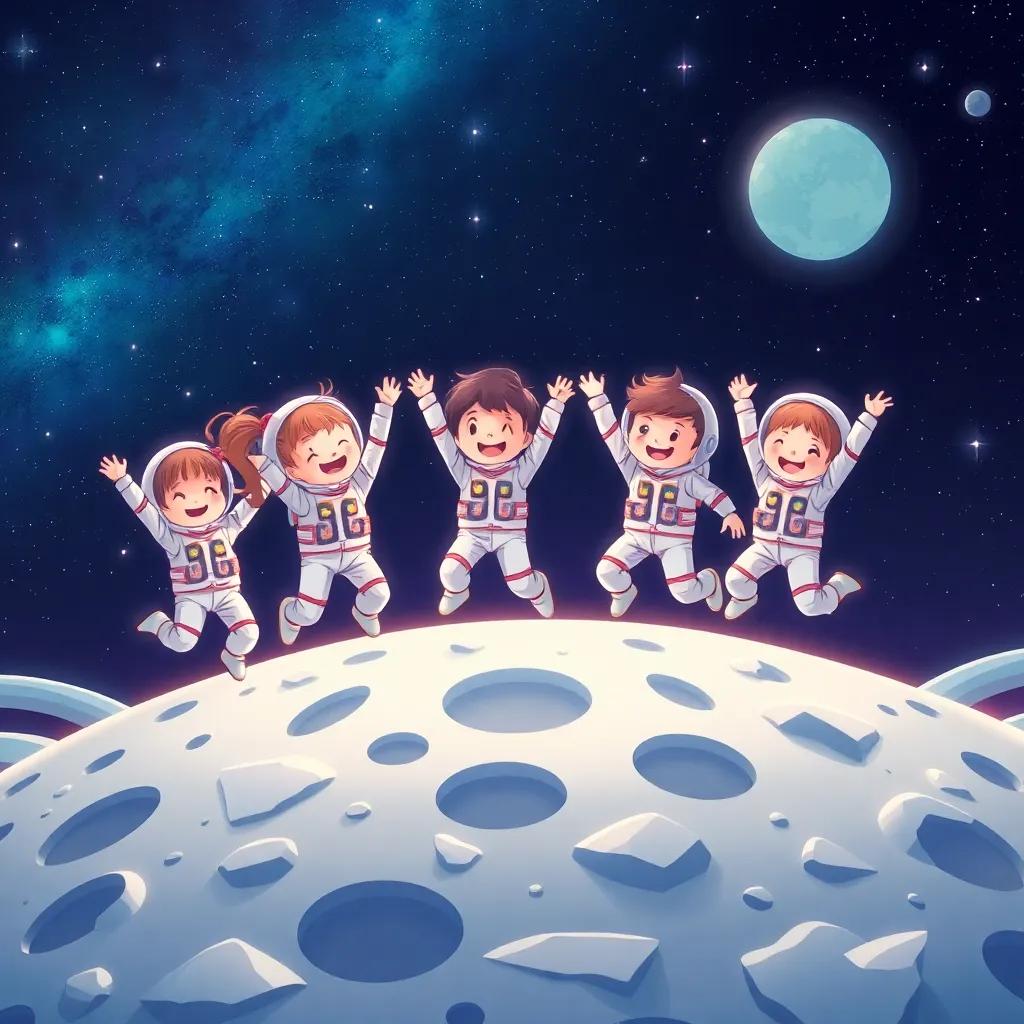 A group of children in space suits, jumping happily on the surface of the moon, with Earth visible in the distance, many craters and stars in the beautiful night sky, cheerful, animated, fantasy setting, digital illustration, bright and colorful