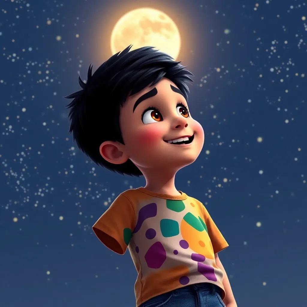 A young Arab boy, Sami, with short black hair and wearing a colorful t-shirt and jeans, looking at the night sky filled with stars, excited expression, glowing moon above, digital art, bright colors, joyful atmosphere, high quality