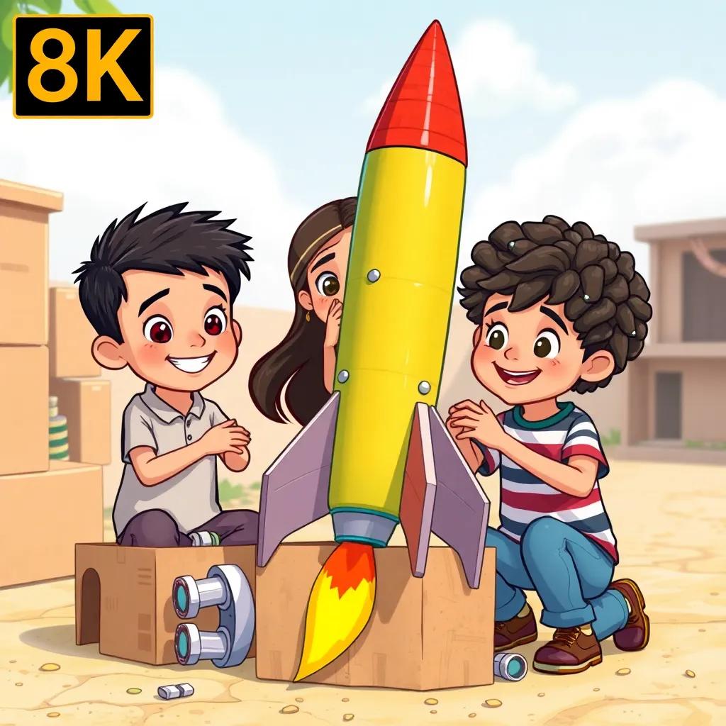 Three children including Sami, a young Arab boy with short black hair, Leila, a young Arab girl with long dark hair wearing a dress, and Ali, a young Arab boy with curly hair wearing a striped shirt, working together to build a colorful rocket from cardboard boxes and metal pieces, sunny day, cheerful, playful mood, illustration, vibrant colors, child-friendly