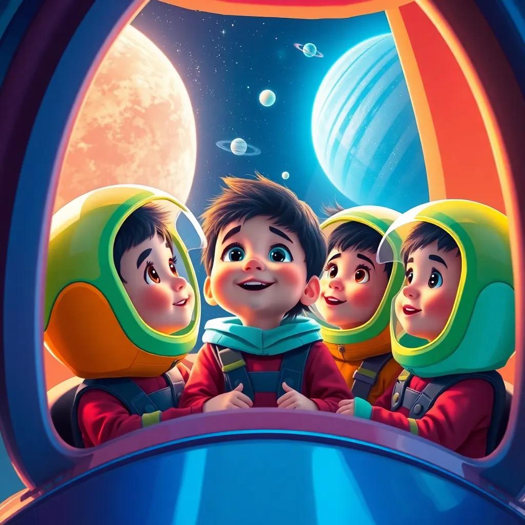 Sami and his friends, wearing space helmets, inside their colorful rocket, looking out at a starry sky and planets, wide-eyed and amazed, digital painting, bright and adventurous, magical feel, high quality