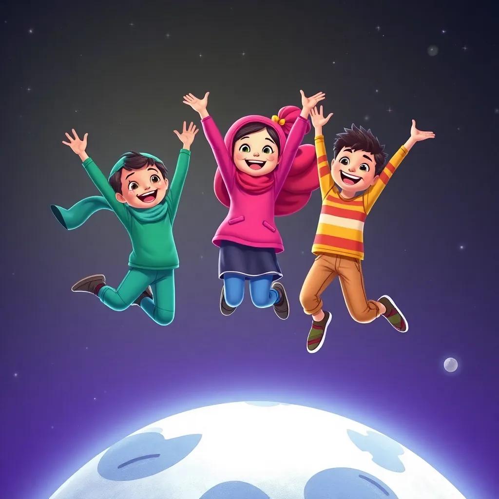Sami, Leila, and Ali on the moon, jumping high with smiles on their faces, bright lunar surface with Earth visible in the background, starry sky, child-friendly fantasy scene, colorful, uplifting