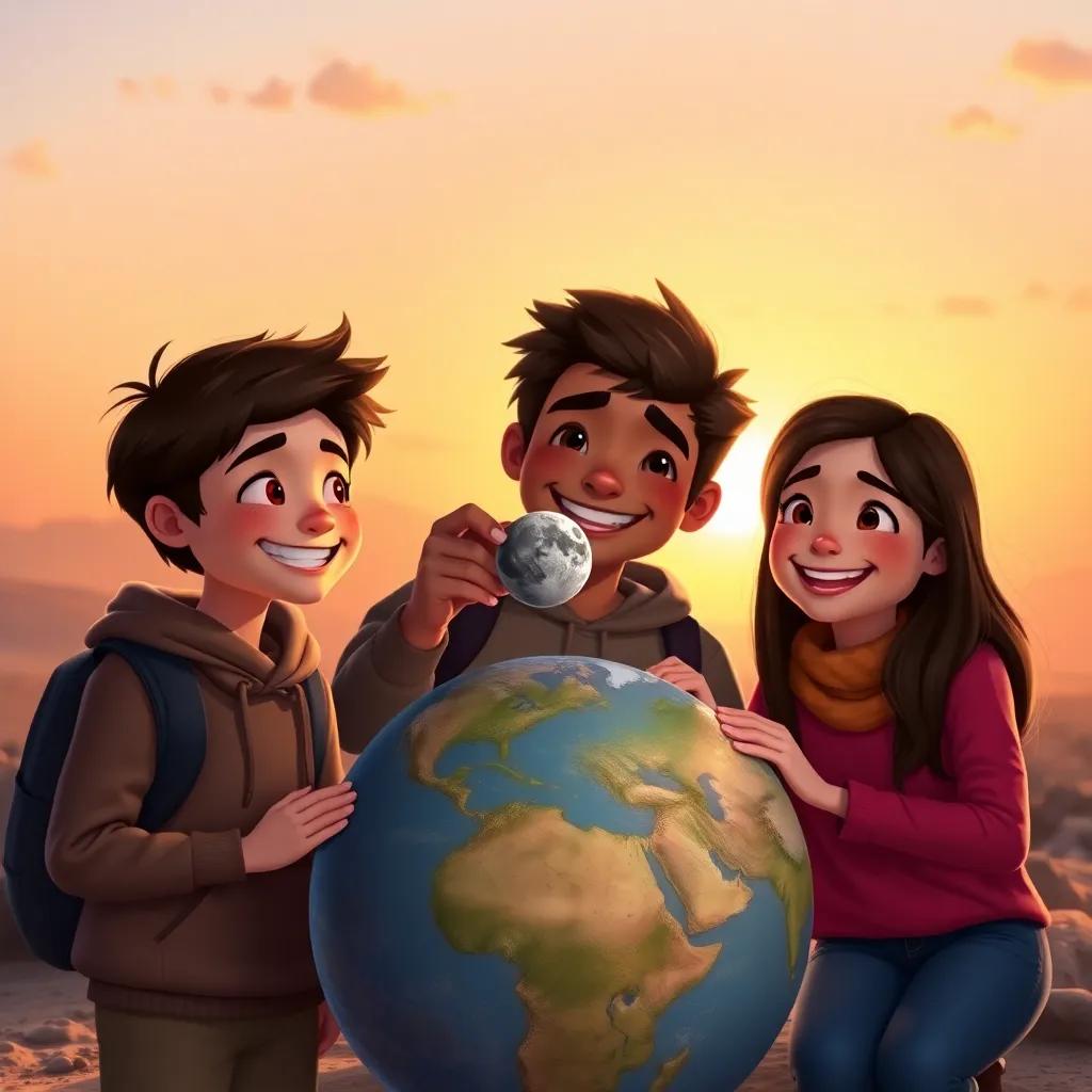 The three friends on Earth, holding a small sample of moon soil and showing it to their family and friends, happy expressions, sunset in the background, celebration atmosphere, digital art, warm colors, heartwarming scene