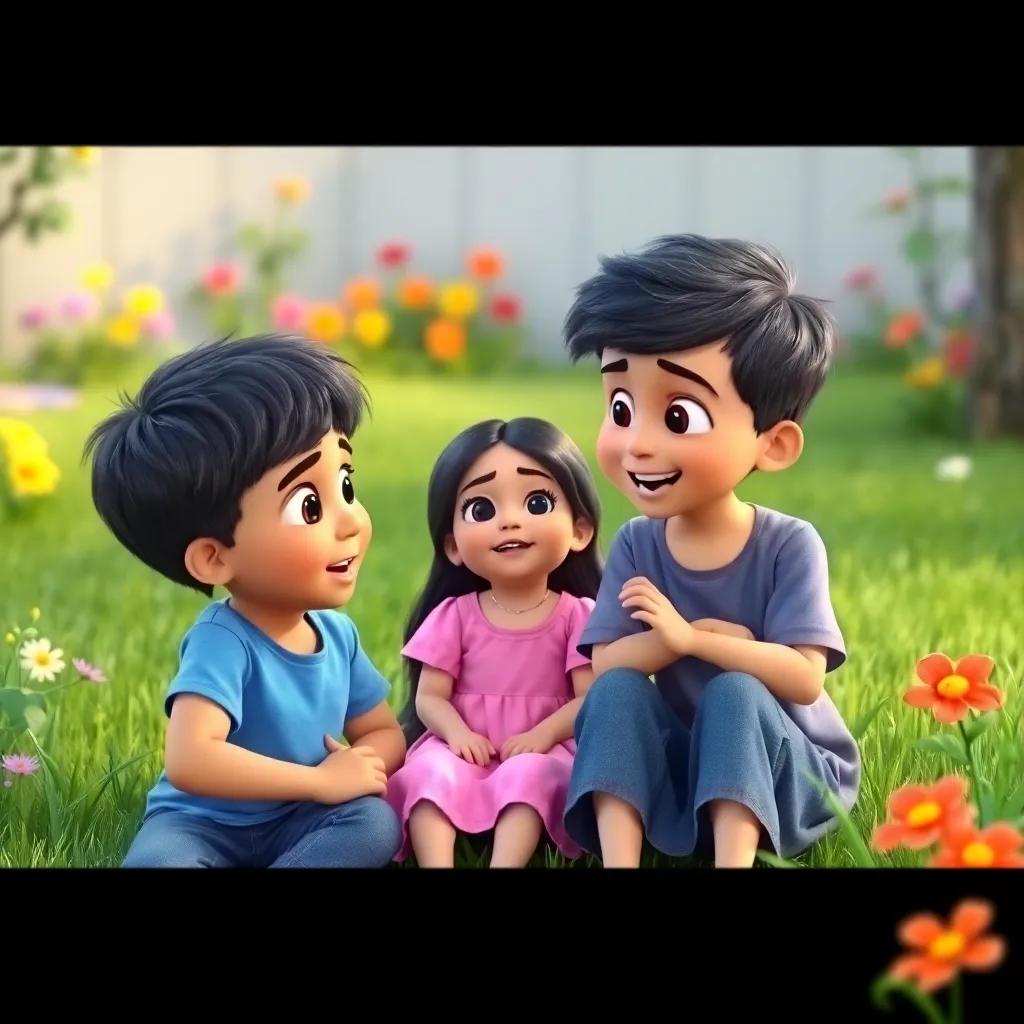 A young boy, Omar, with short black hair and wearing a blue t-shirt, excitedly talking to his sister, Kafa, a young girl with long black hair in a pink dress, sitting in a garden with green grass and colorful flowers, digital art, cheerful atmosphere, vibrant colors, high quality