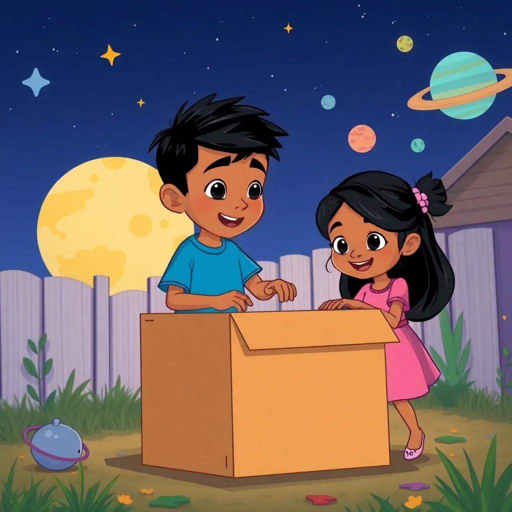 Omar, a young boy with short black hair in a blue t-shirt, and Kafa, a young girl with long black hair in a pink dress, building a spaceship out of a cardboard box in their backyard, surrounded by stars and cartoonish planets, illustration, imaginative, playful, child-friendly, high quality