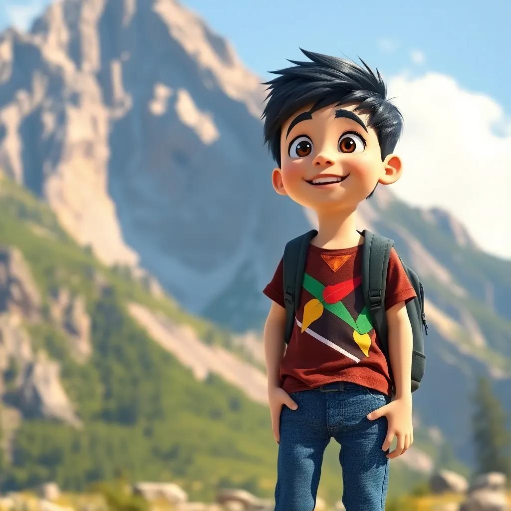 A young boy, Sami, with short black hair, wearing a colorful t-shirt and jeans, standing at the base of a mountain, looking excited with a backpack, sunny day, vibrant colors, cheerful atmosphere, high quality