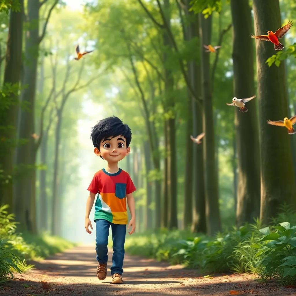 Sami, a young boy with short black hair, wearing a colorful t-shirt and jeans, walking on a forest path surrounded by tall green trees and singing birds, bright sunlight filtering through, lively colors, adventure spirit, high quality