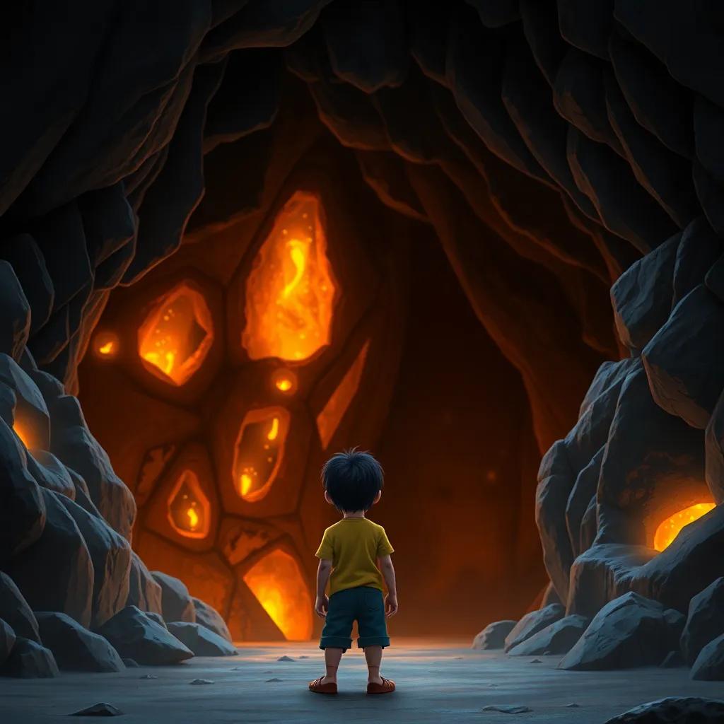 Sami, a young boy with short black hair, standing at the entrance of a large dark cave with mysterious glowing rocks, looking awestruck and curious, magical atmosphere, high quality