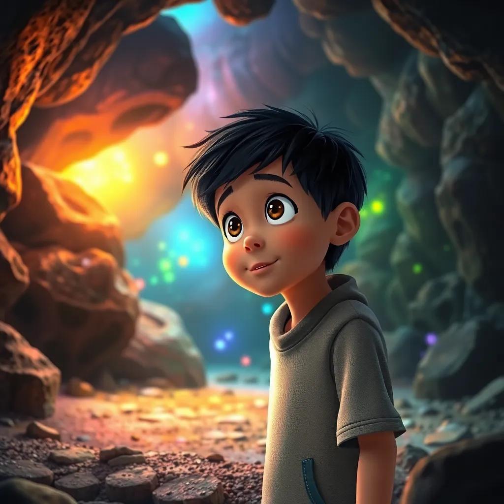 Sami, a young boy with short black hair, inside a cave, amazed by colorful lights reflecting off strange rocks, filled with wonder and excitement, fantastic scenery, high quality