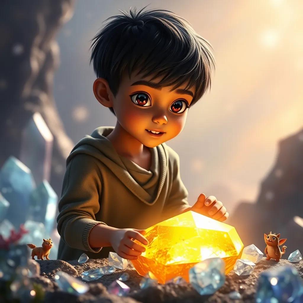 A shiny piece of gold found by Sami, a young boy with short black hair, surrounded by crystals and small magical creatures, enchanting atmosphere, high quality
