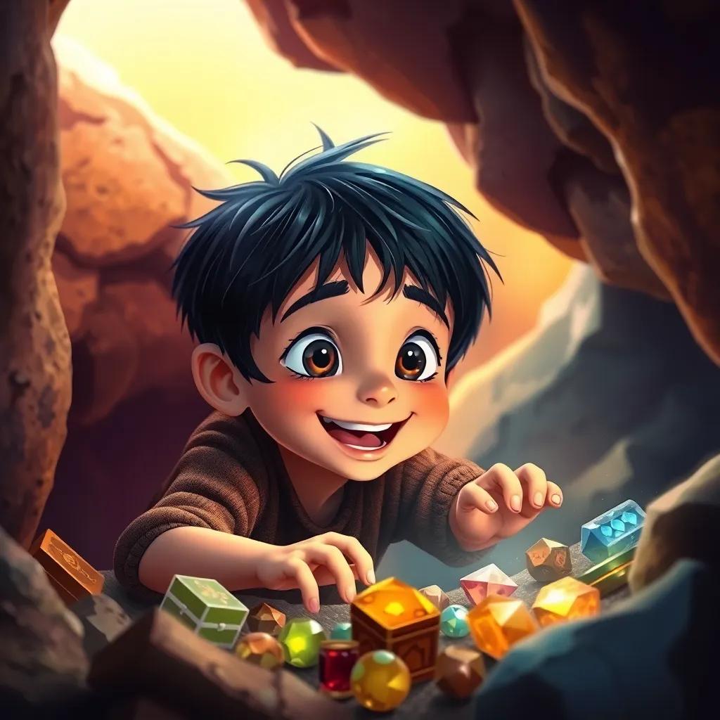 Sami, a young boy with short black hair, discovering treasures in the cave, vibrant colors, excitement reflected on his face, high quality