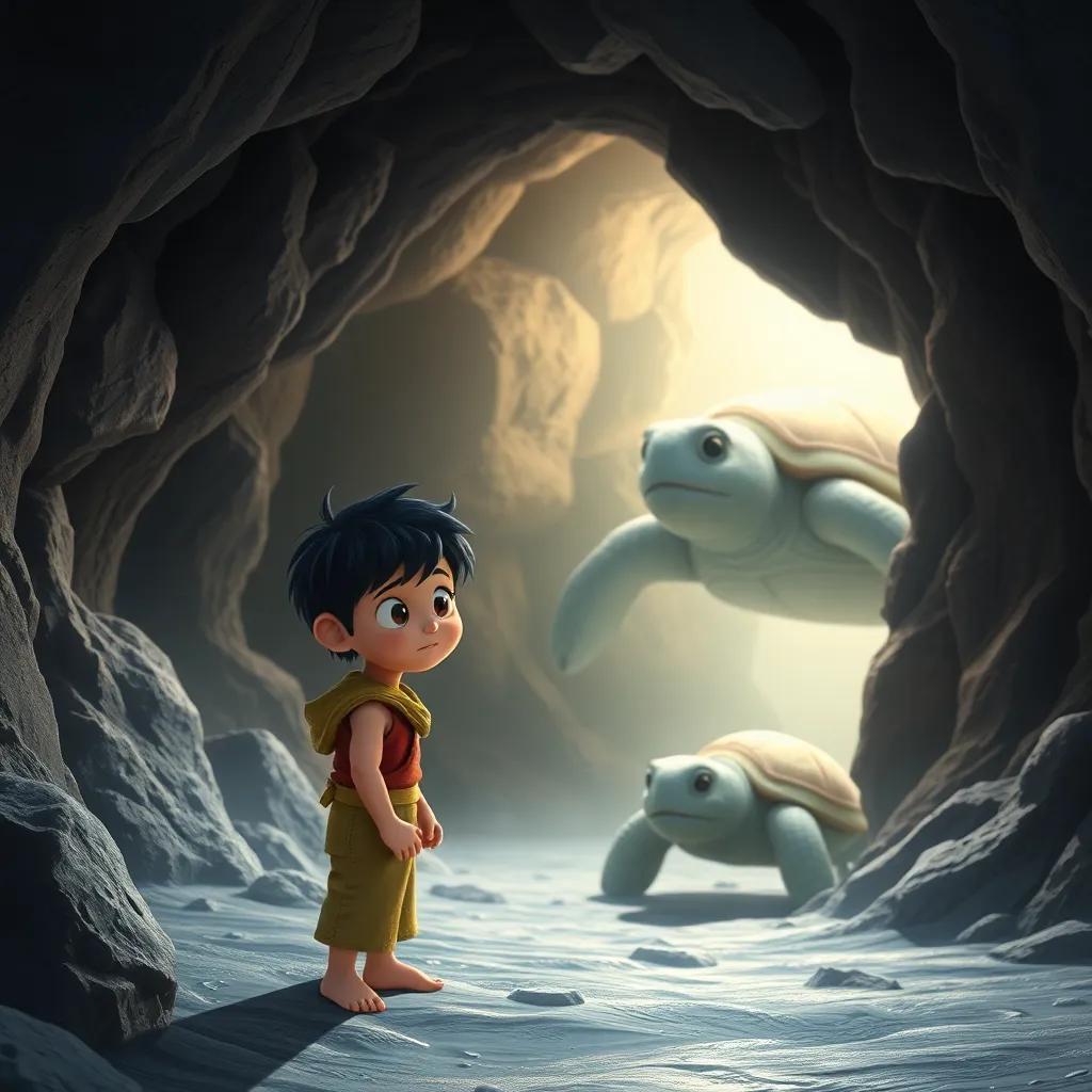 Sami, a young boy with short black hair, startled by a giant wise turtle appearing from the rocks inside the cave, magical ambiance, bright light from the turtle, high quality