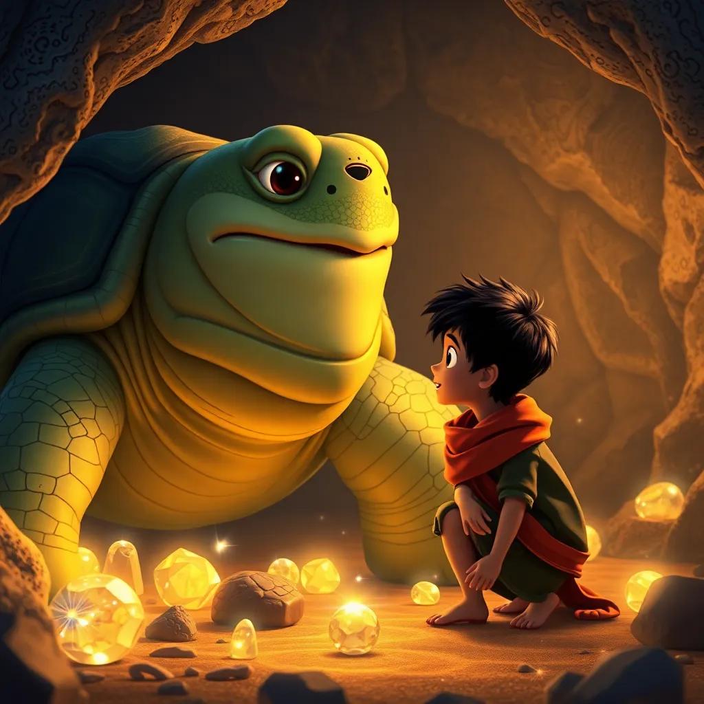 A giant wise turtle, with a soft smile, speaking to Sami, a young boy with short black hair, in a cave filled with sparkling treasures, warm colors, high quality