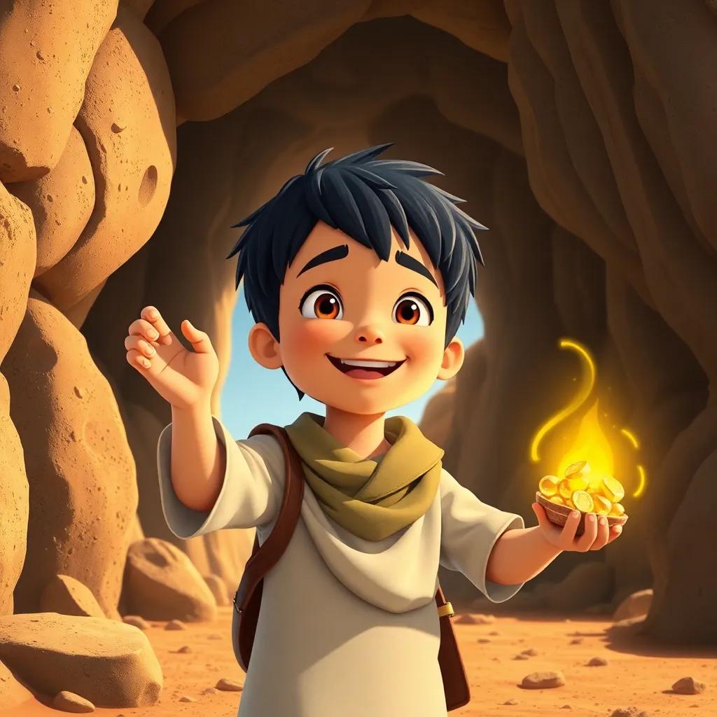 Sami, a young boy with short black hair, leaving the cave with treasures of knowledge, feeling joyful, sunny day outside the cave, bright colors, triumphant atmosphere, high quality